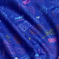 The Radical - Polo features blue fabric with colorful neon retro designs like cassette tapes and boomboxes. Its soft, smooth texture, athletic fit, and moisture-wicking finish keep you comfortable and stylish on the go.