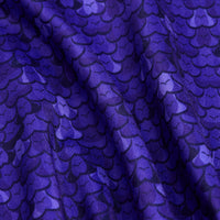 A close-up of the Eyes Up Here - People Eaters - Polo shows purple fabric with black scalloped patterns. The material is folded to highlight its texture, reflective finish, and moisture wicking features, perfect for active wear.