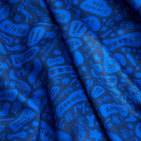 The Potty Mouth - Polo features blue fabric with playful light blue video game controllers, buttons, arrows, and vibrant gaming icons. With an athletic fit, it displays phrases like 