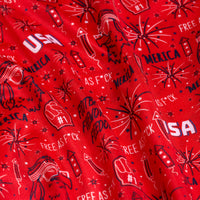 Close-up of the 'Merica - Red - Women's Polo, featuring an athletic fit, moisture-wicking fabric, and bold patriotic designs with fireworks, a bald eagle head, USA text, “’Merica,” #1 foam fingers, and statement phrases in white and navy blue.