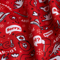 The O Canada - Women's Polo features a red fabric with white and black Canadian-themed prints—moose, maple leaves, hockey sticks, speech bubbles like “Sorry!” and “EH?”, snowflakes, and “CANADA!”. Moisture-wicking to keep you dry.