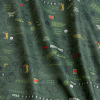The Peasants '26 - Women's Polo features a green athletic-fit fabric with a playful golf-themed print—clubs, flags, balls, palm trees, drink cups, and 