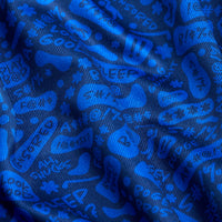 The Potty Mouth - Women's Polo features blue fabric with black abstract doodles and cartoon speech bubbles. Its athletic fit, soft folds, and moisture-wicking design deliver comfort while enhancing the playful pattern.