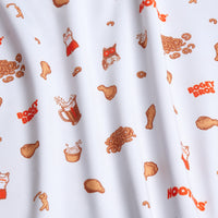 The Wingin' It - White - Women's Polo features white fabric with orange and brown chicken wings, pretzels, beer mugs, dipping sauce, a fox face, tank tops, “BOGGY BROS” and “HOOTERS,” plus an athletic fit for all-day comfort.