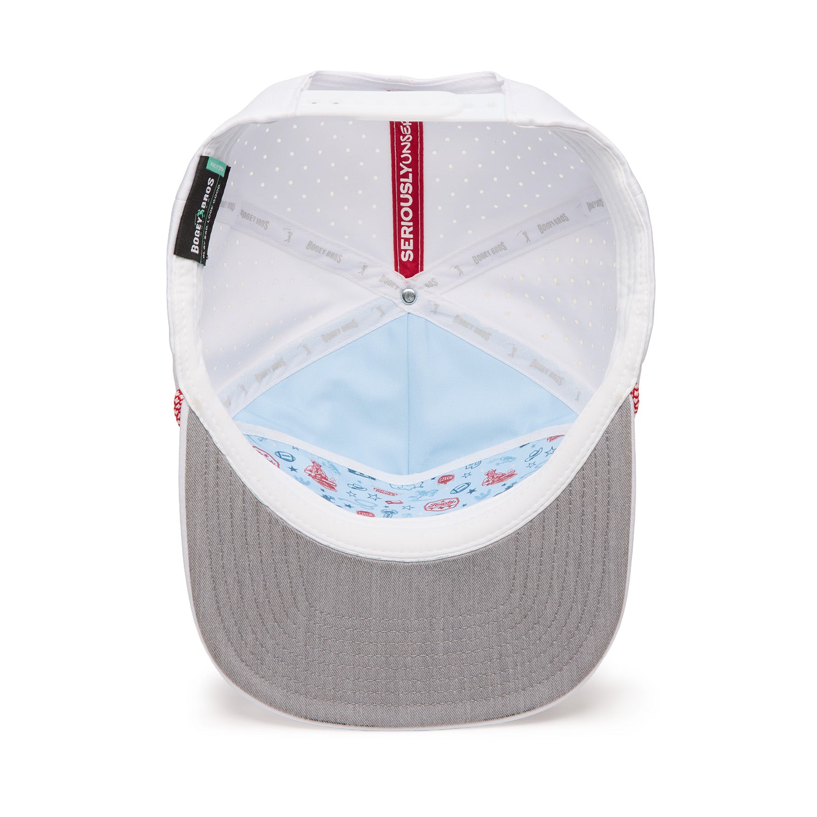 View of the inside of a baseball cap, showing a grey brim, white mesh-like lining with dots, light blue inner fabric with playful illustrated patterns, and labels including “SERIOUSLY VENTED” sewn into the headband area.