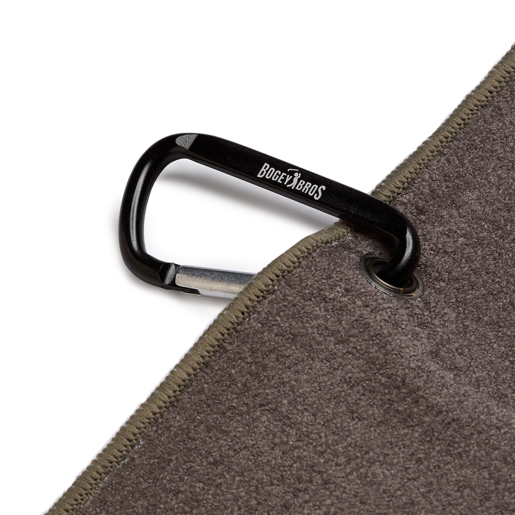 A close-up of a black carabiner, labeled BOGEY BROS, clipped through a metal grommet on the corner of a brown, textured fabric mat with greenish edging, isolated on a white background.