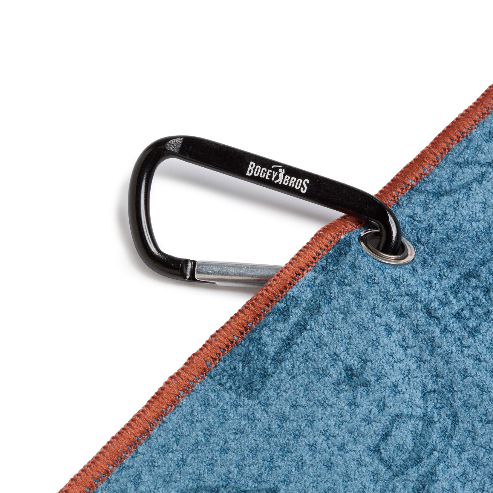 A close-up of a blue textured fabric with a brown edge, featuring a metal grommet. A black carabiner labeled Bogey Bros clips through the grommet, partially resting on the fabric. The background is plain white. Character count: 227.