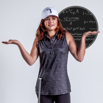 A woman in the Easy Game - Women's Polo, a sleeveless gray golf shirt with moisture-wicking and athletic fit, stands shrugging with both hands up. Behind her is a black circle with golf-related equations; a silver club is at her side.
