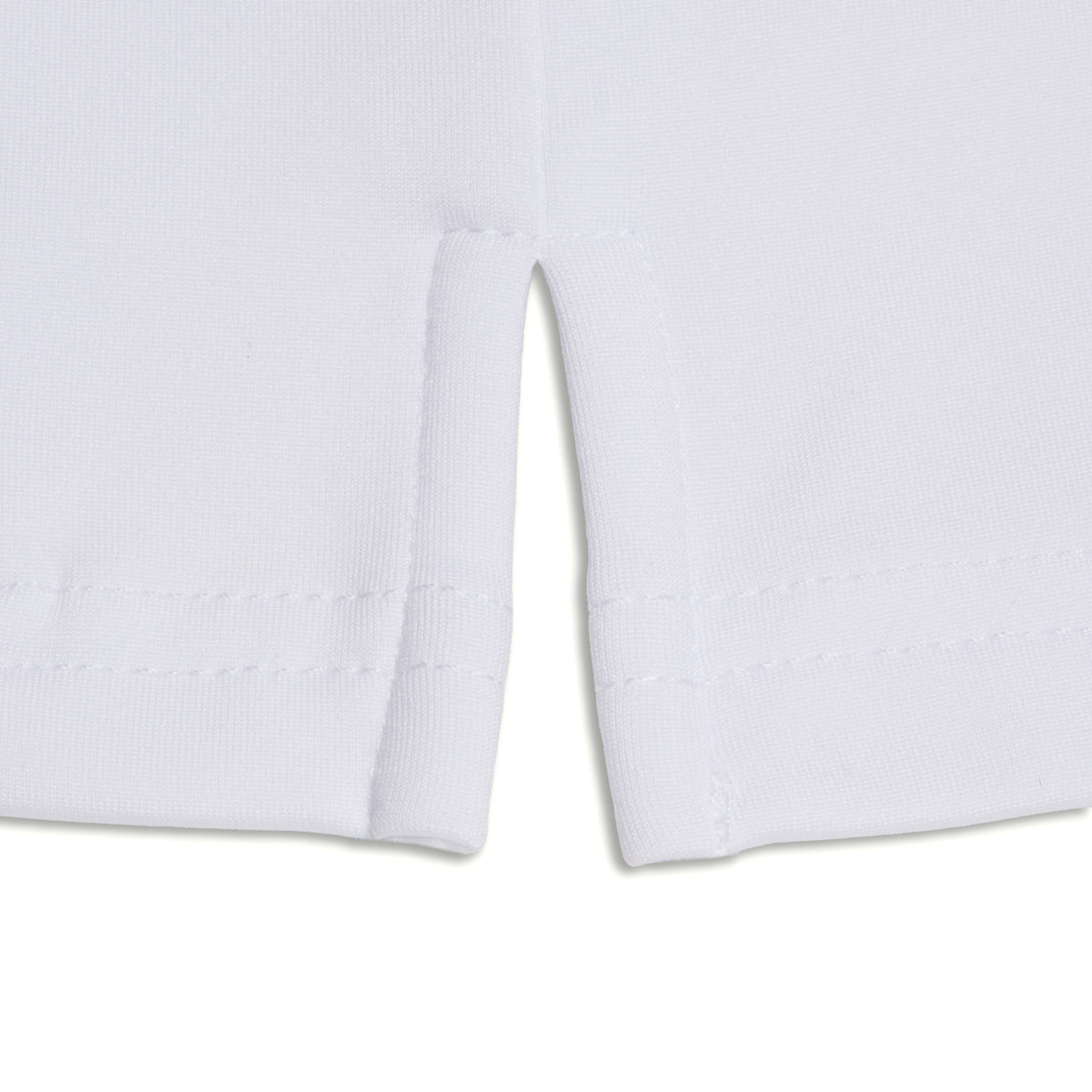 Close-up of the White - Hoodie fabric with two vertical side slits at the hem. The material features visible stitching lines along the bottom edge and down each slit, designed for an athletic fit. The fabric appears smooth, clean, and neatly sewn.