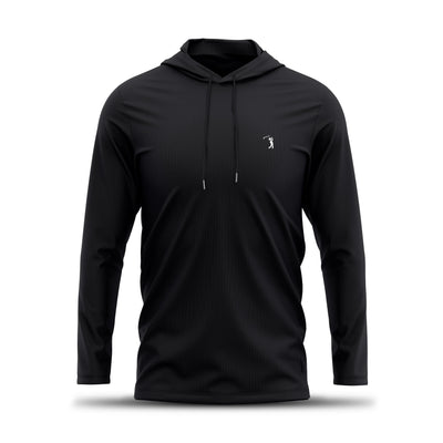 The Black - Hoodie is a long-sleeve hooded shirt with drawstrings, featuring a small white minimalist golfer logo on the left chest. Made from moisture-wicking fabric, it is shown on a plain white background with a subtle shadow below.