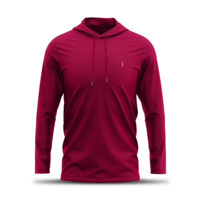The Burgundy - Hoodie is a long-sleeve, deep red hoodie with a small minimalist logo on the left chest, athletic fit, and drawstring neck, shown on a white background with a subtle shadow.