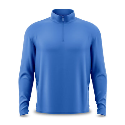 The Cooler Blue - Q-Zip is a blue long-sleeve pullover with a high collar, quarter-zip closure, and athletic fit. The smooth, fitted material has no visible logos or patterns and appears on a plain white background.