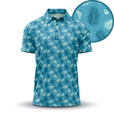 The Boat Drinks - Polo is a blue, short-sleeved, athletic-fit shirt with a collar and buttons, featuring moisture-wicking fabric and a tropical pattern of white palm leaves and coconut drinks. A close-up circle highlights the detailed design.