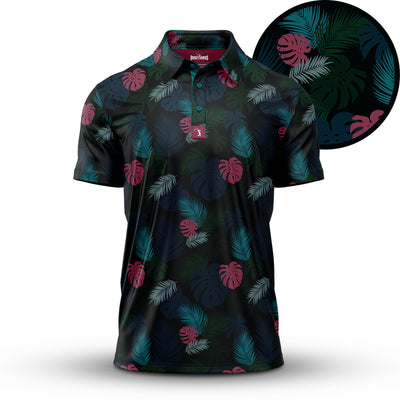 The Haolie Nights - Polo is a short-sleeve, buttoned black polo shirt with an athletic fit, featuring overlapping teal, pink, and blue monstera and palm leaves on a dark background. An inset highlights the detailed tropical leaf pattern.