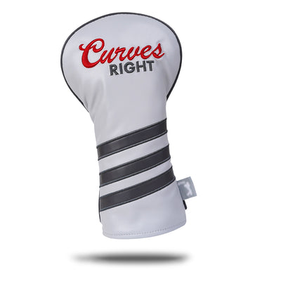 The Curves Right - Driver Headcover is crafted from premium white PU leather, features "Curves RIGHT" embroidered in red and black, three diagonal black stripes on the lower half, and a small gray side tag. A shadow appears beneath the embroidered design.