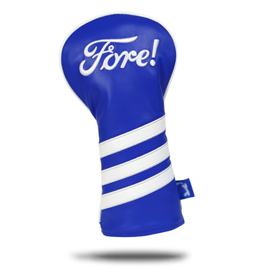 The Fore! - Driver Headcover is crafted from premium blue PU leather with "Fore!" embroidered in white on top, two diagonal white stripes, and a small blue side tag. It stands upright with a shadow on a white background.