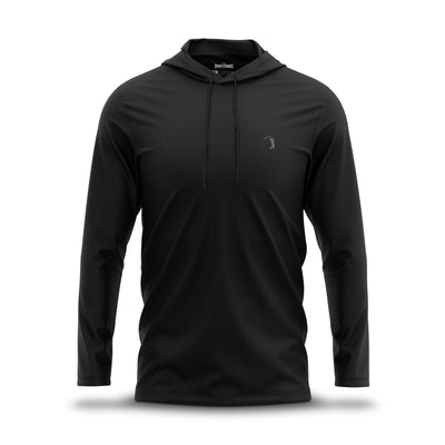 A front-facing view of the Black - Hoodie, a solid black, long-sleeved hooded shirt crafted from lightweight, moisture-wicking athletic fabric. This hoodie features a matching drawstring hood, a subtle Bogey Bros logo on the chest, and a relaxed fit with a straight hem—all displayed against a clean white background with a soft drop shadow.