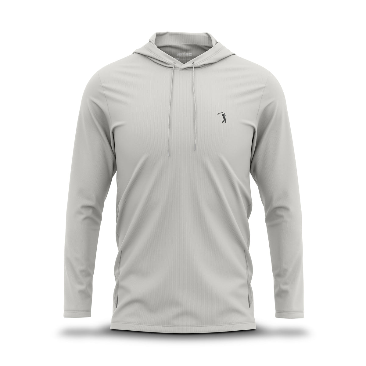 A light gray Bone - Hoodie, long-sleeved and centered against a white background. It features a drawstring hood, a subtle textured fabric with moisture-wicking properties, and a small dark logo of a golfer in swing pose on the left chest. The brand name BOGEY BROS is printed inside the collar.