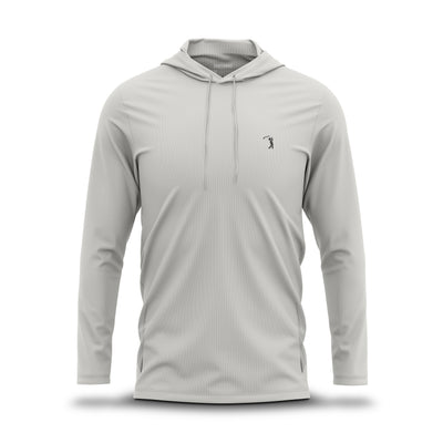 A light gray Bone - Hoodie, long-sleeved and centered against a white background. It features a drawstring hood, a subtle textured fabric with moisture-wicking properties, and a small dark logo of a golfer in swing pose on the left chest. The brand name BOGEY BROS is printed inside the collar.