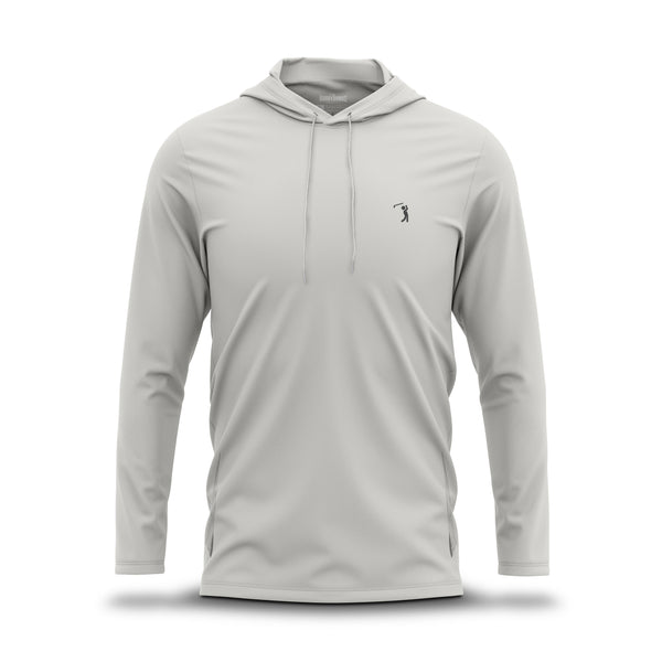 A light gray Bone - Hoodie, long-sleeved and centered against a white background. It features a drawstring hood, a subtle textured fabric with moisture-wicking properties, and a small dark logo of a golfer in swing pose on the left chest. The brand name BOGEY BROS is printed inside the collar.
