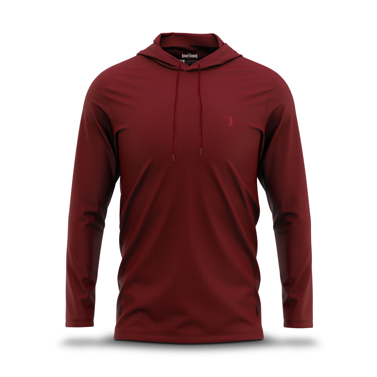 Introducing the Burgundy - Hoodie by Bogey Bros: a long-sleeve, dark red hooded shirt crafted from lightweight performance fabric with subtle vertical texture and UPF 50 protection. It features a matching drawstring hood and a small, tonal embroidered golf logo on the left chest. The shirt is displayed against a plain white background with a subtle shadow.