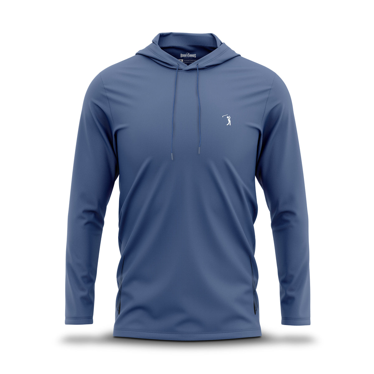 Introducing the Cooler Blue - Hoodie: This blue long-sleeve hoodie features a front pocket, adjustable drawstrings, and a small white golfer logo on the left chest. Made from super stretchy fabric for all-day comfort, the Cooler Blue - Hoodie is showcased on an invisible mannequin against a white background.