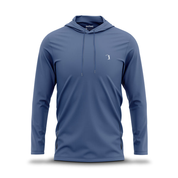 Introducing the Cooler Blue - Hoodie: This blue long-sleeve hoodie features a front pocket, adjustable drawstrings, and a small white golfer logo on the left chest. Made from super stretchy fabric for all-day comfort, the Cooler Blue - Hoodie is showcased on an invisible mannequin against a white background.
