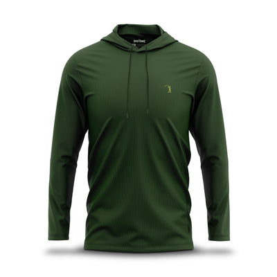 A Forest Green - Hoodie with long sleeves and a hood, featuring drawstrings and a small gold embroidered deer logo on the left chest. The front view shows its smooth, slightly fitted and stretchy fabric designed for comfort, with no patterns or extra details visible against a white background.