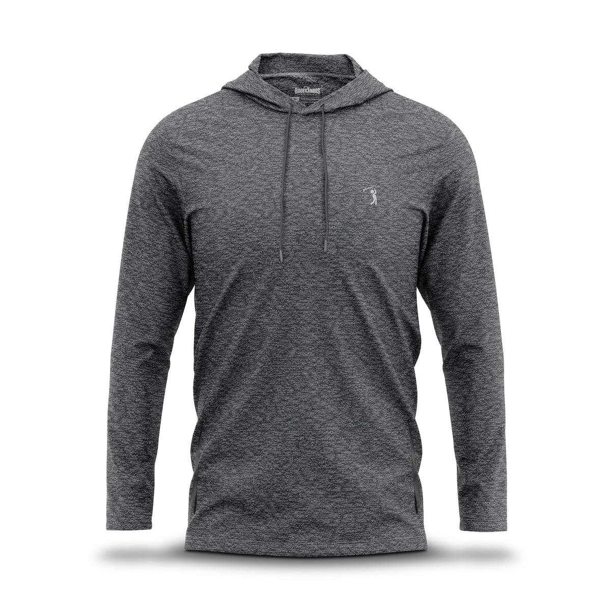 Introducing the Heather Gray - Hoodie: This long-sleeve top in heathered dark gray combines an athletic fit with moisture-wicking fabric for all-day comfort. It features a drawstring hood, a subtle textured pattern, and a small embroidered white logo on the left chest, all presented against a plain white background.