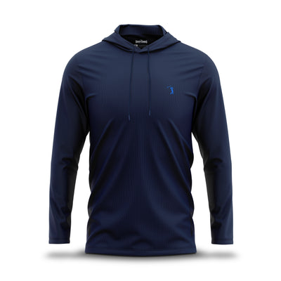 Introducing the Navy - Hoodie by Bogey Bros: This navy blue long-sleeve performance hoodie is crafted from lightweight, textured fabric and designed for comfort with moisture-wicking properties. It features a drawstring hood and is accented by a small, bright blue embroidered golfer logo on the left chest. The Navy - Hoodie is displayed flat against a plain white background, highlighted by a soft drop shadow at the base.