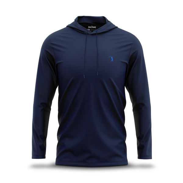 Introducing the Navy - Hoodie by Bogey Bros: This navy blue long-sleeve performance hoodie is crafted from lightweight, textured fabric and designed for comfort with moisture-wicking properties. It features a drawstring hood and is accented by a small, bright blue embroidered golfer logo on the left chest. The Navy - Hoodie is displayed flat against a plain white background, highlighted by a soft drop shadow at the base.