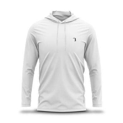 The White - Hoodie is displayed on a blank background. It features a simple white design with a small, minimalist black logo on the left chest, an athletic fit, and drawstrings at the hood. There are no other patterns or textures visible.
