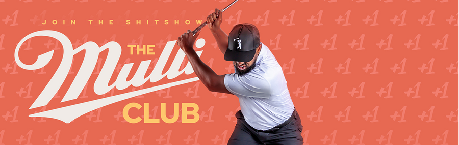 A man in a black cap and golf attire swings a golf club. Behind him, text reads Join the shitshow. The Mulligan Club. The background is orange with a repeating white logo pattern.