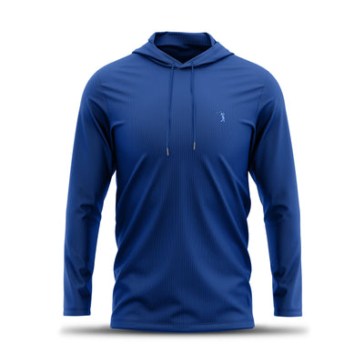The Navy - Hoodie is a long-sleeve, athletic-fit blue hoodie featuring a front pocket, drawstrings, and a subtle embroidered logo on the left chest. It's displayed front-facing on a plain white background without any mannequin or model.