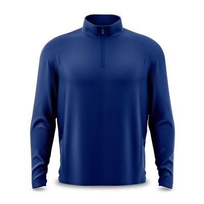 The Navy - Q-Zip is a plain, long-sleeve, navy blue quarter-zip pullover with an athletic fit and mock neck collar. Its smooth fabric, chest zipper, and clean design offer comfort and style without visible logos or patterns.