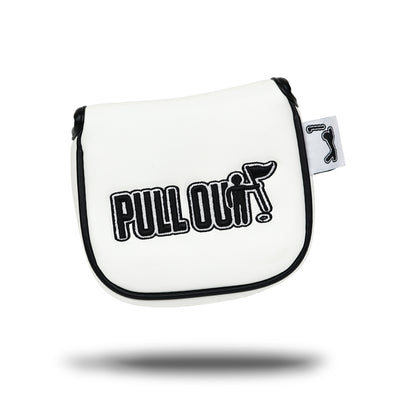 The PULL OUT - Mallet Putter Headcover is a white rectangular cover with black trim, "PULL OUT" embroidery, a golfer silhouette, small tab, and magnetic clasp—crafted from premium PU leather.