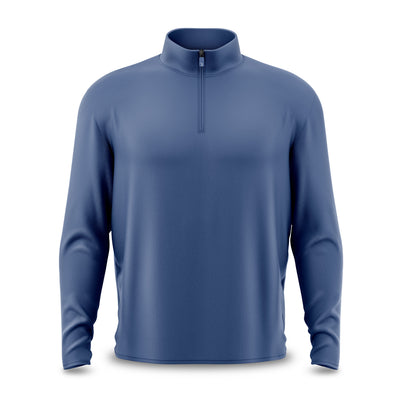 Showcased against a plain white background, the Cooler Blue - Q-Zip is a long-sleeved quarter-zip pullover shirt designed with an athletic fit. It features a standing collar, subtle textured fabric, and a small zipper at the neckline. The product is presented in clean, professional photography style with soft drop shadows.