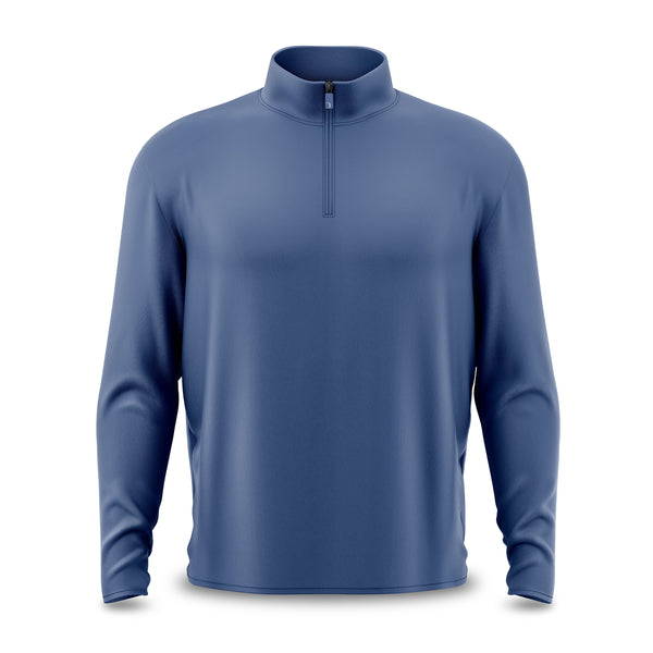 Showcased against a plain white background, the Cooler Blue - Q-Zip is a long-sleeved quarter-zip pullover shirt designed with an athletic fit. It features a standing collar, subtle textured fabric, and a small zipper at the neckline. The product is presented in clean, professional photography style with soft drop shadows.