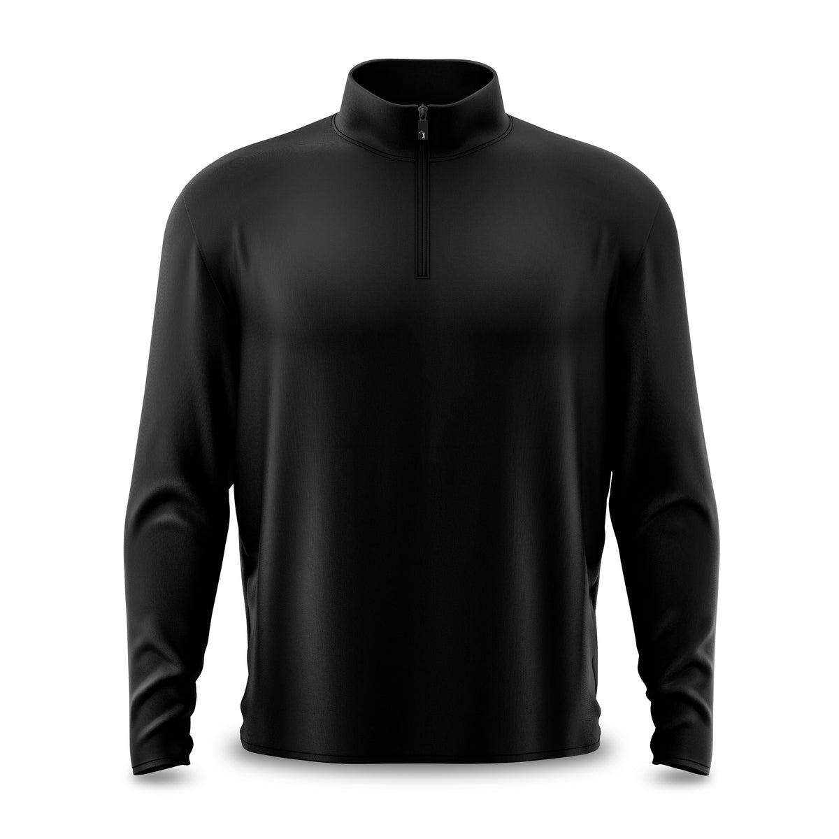 A Black - Q-Zip long-sleeved athletic pullover, shown flat and front-facing on a white background. This garment features an athletic fit with a standing collar, a centered black quarter zipper accented by a small white icon on the pull, and is crafted from smooth, lightweight fabric.