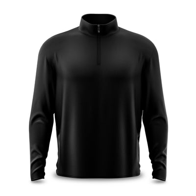 A Black - Q-Zip long-sleeved athletic pullover, shown flat and front-facing on a white background. This garment features an athletic fit with a standing collar, a centered black quarter zipper accented by a small white icon on the pull, and is crafted from smooth, lightweight fabric.