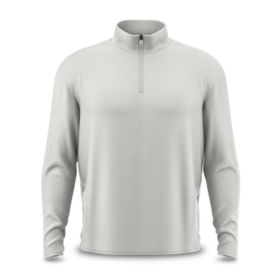 The Bone - Q-Zip, a light gray long-sleeve pullover featuring a quarter-zip front and a stand-up collar, is displayed against a plain white background. Designed with an athletic fit, this garment has no visible logos, patterns, or embellishments and provides a relaxed feel for everyday wear.