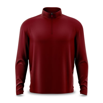 A studio-lit image of the “Burgundy - Q-Zip,” a plain, dark red long-sleeve quarter-zip pullover shirt, centered against a white background. This athletic-style garment features a high collar with a vertical zipper closure and an athletic fit designed for enhanced comfort. The smooth, synthetic texture is characteristic of moisture-wicking performance sportswear.