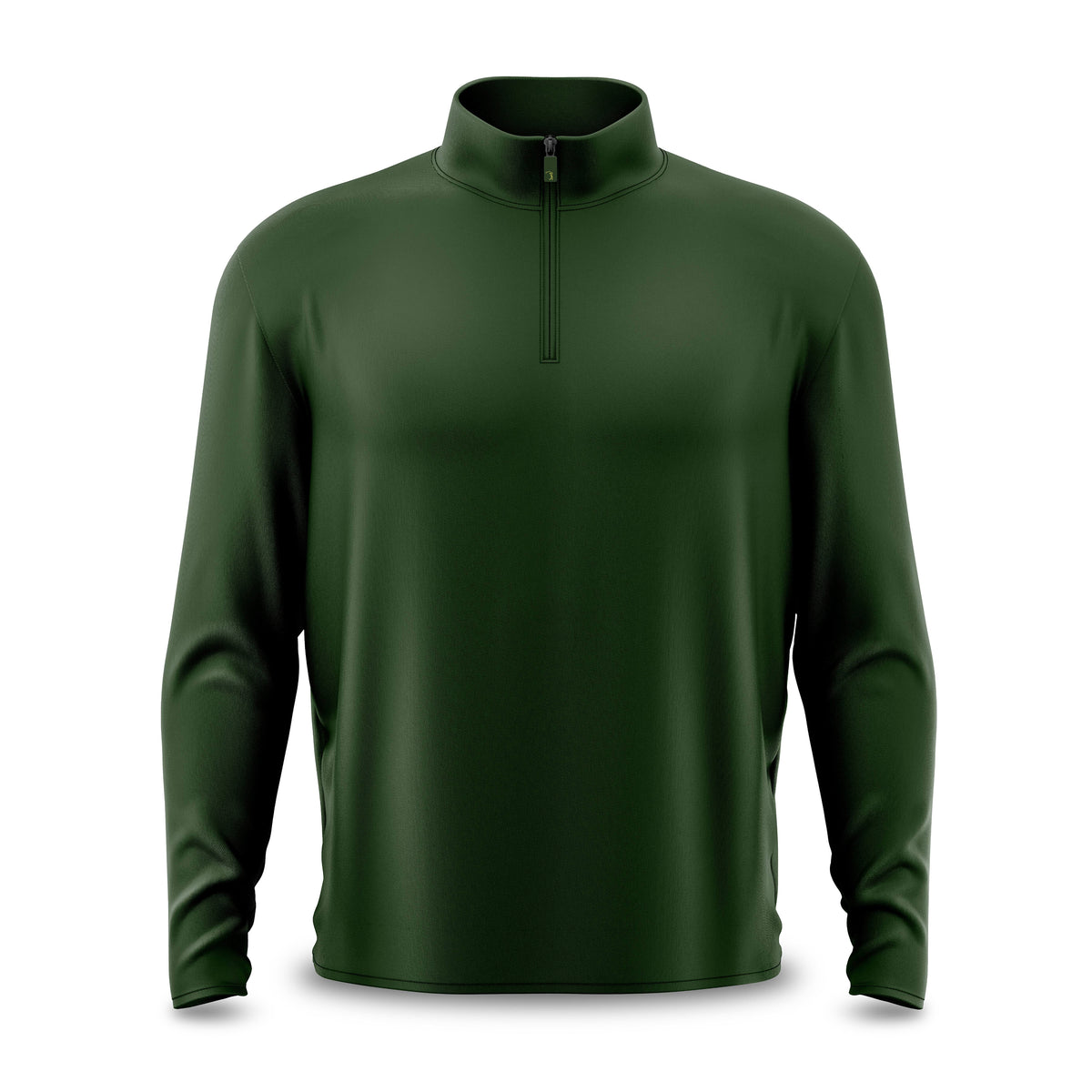 The Forest Green - Q-Zip is a long-sleeve pullover featuring a quarter-zip collar and crafted from smooth, moisture-wicking fabric. Displayed on a white background, it showcases an athletic fit with subtle folds at the sleeves and hem, free of any logos or visible designs.