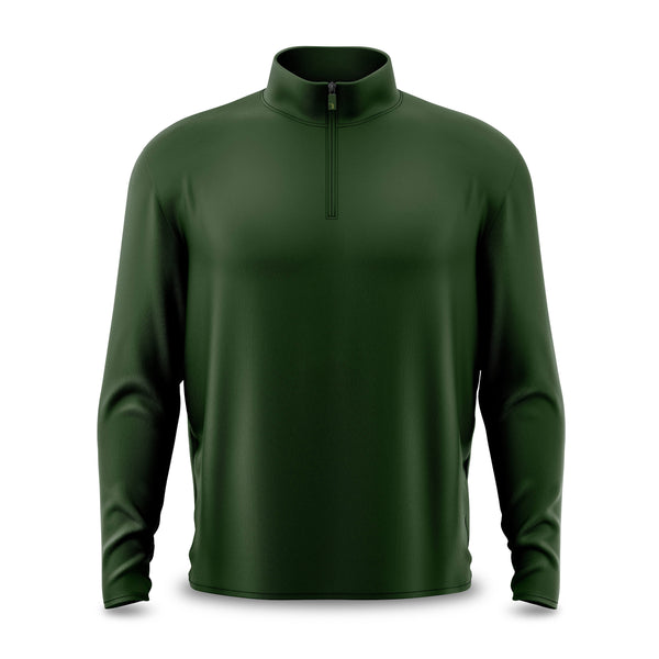 The Forest Green - Q-Zip is a long-sleeve pullover featuring a quarter-zip collar and crafted from smooth, moisture-wicking fabric. Displayed on a white background, it showcases an athletic fit with subtle folds at the sleeves and hem, free of any logos or visible designs.