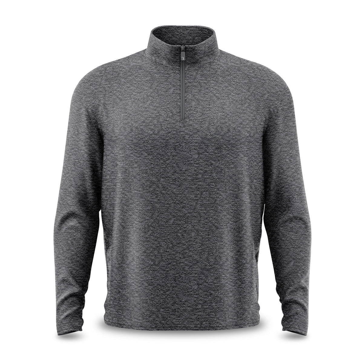 Introducing the Heather Gray - Q-Zip: a men’s long-sleeve quarter-zip pullover crafted from textured, heathered knit fabric in charcoal gray. Designed with an athletic fit, it features a mock neck collar and a centrally placed matching gray zipper pull. The straight long sleeves add to its streamlined look, while the garment is showcased against a pristine white background.