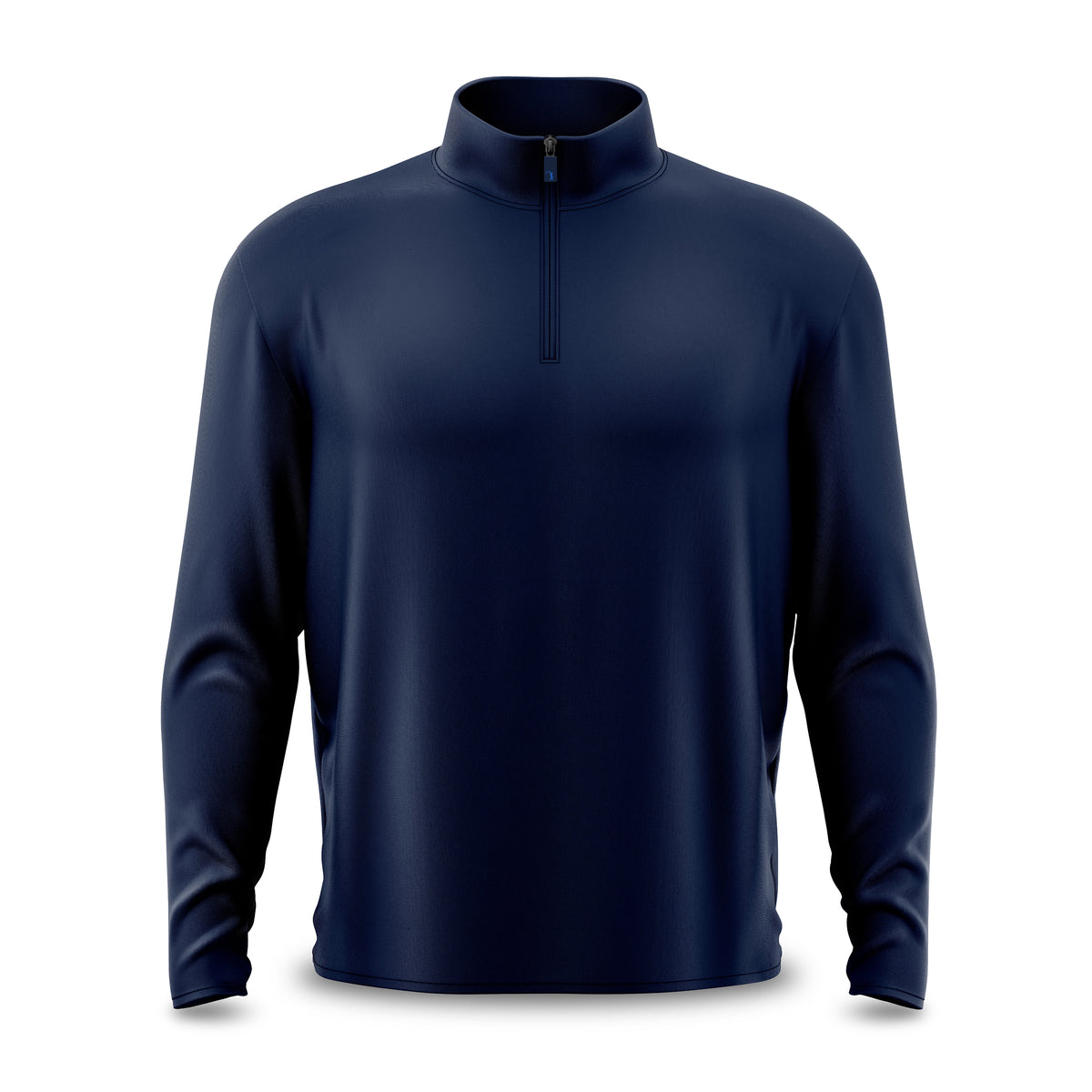 Introducing the Navy - Q-Zip: a men’s quarter-zip pullover crafted from textured athletic fabric in navy blue, designed with an athletic fit. This performance piece features long sleeves, a high collar, and a vertical chest zipper for easy wear. Equipped with moisture-wicking technology to keep you dry, the Navy - Q-Zip is showcased from the front against a clean white background with a subtle shadow beneath.