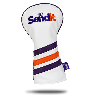 The Send It - Driver Headcover features white premium PU leather with purple and orange diagonal stripes, "SendIt" embroidered on top, and a small purple side tag with a white logo. A soft shadow appears below the cover.
