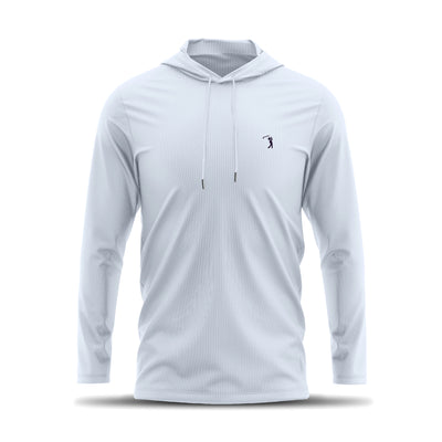 The White - Hoodie is a light gray, long-sleeve hooded shirt with drawstrings, shown on a white background. It has a small dark golfer logo, offers moisture-wicking comfort and UPF 50 protection in a smooth, lightweight design.