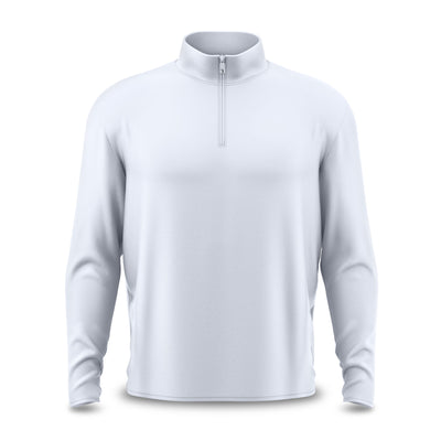 The White - Q-Zip is a long-sleeve, light gray quarter-zip pullover with a high collar and athletic fit. Shown on a white background, it features moisture-wicking fabric and a logo-free, patternless design.