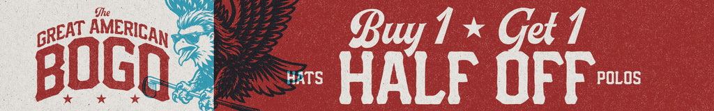 Text reads: The Great American BOGO. Buy 1 Get 1 HALF OFF. Tees. Polos. Features a blue illustrated eagle with spread wings on the left, set against a red and white textured background. Bold, vintage-style fonts are used throughout.